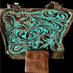 Patricia Nash Turquoise and Brown Embossed Leather Tote